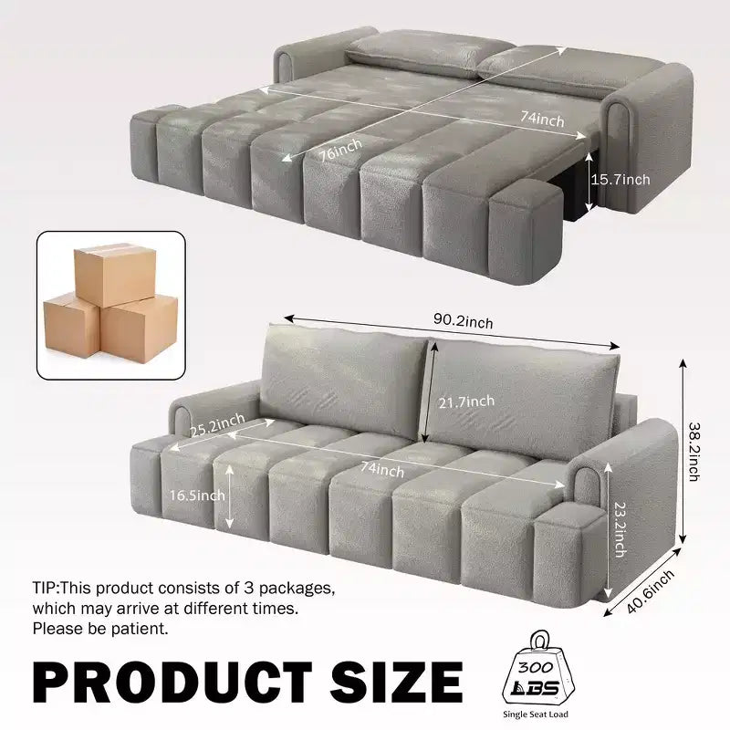 Canapé moderne et confortable 4 places Whisen 90.2 en tissu Teddy, grand lit-canapé convertible 3 en 1 avec rangements sous les assises
