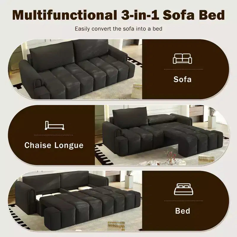 Canapé moderne et confortable 4 places Whisen 90.2 en tissu Teddy, grand lit-canapé convertible 3 en 1 avec rangements sous les assises