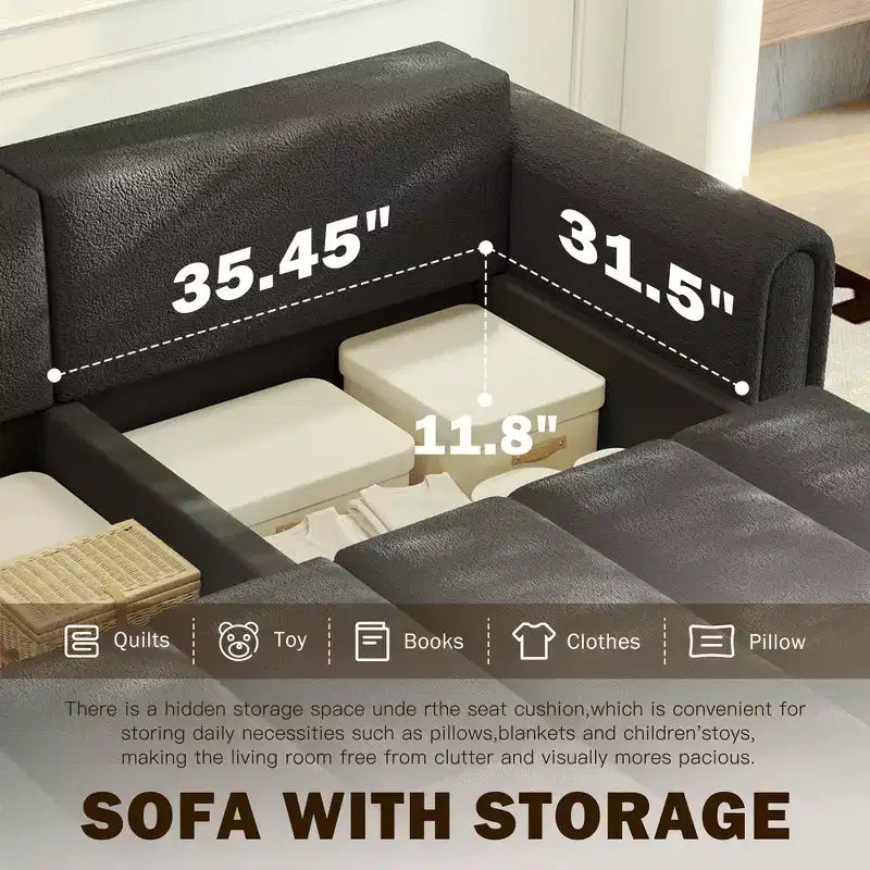 Canapé moderne et confortable 4 places Whisen 90.2 en tissu Teddy, grand lit-canapé convertible 3 en 1 avec rangements sous les assises