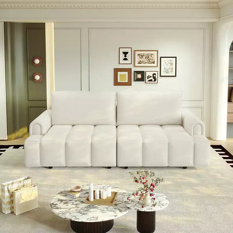 Canapé moderne et confortable 4 places Whisen 90.2 en tissu Teddy, grand lit-canapé convertible 3 en 1 avec rangements sous les assises