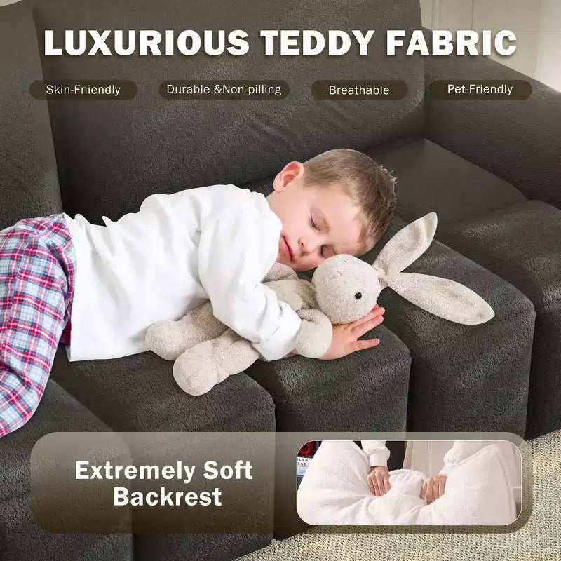 Canapé moderne et confortable 4 places Whisen 90.2 en tissu Teddy, grand lit-canapé convertible 3 en 1 avec rangements sous les assises