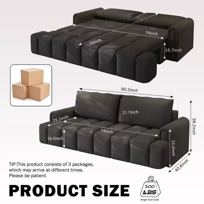 Canapé moderne et confortable 4 places Whisen 90.2 en tissu Teddy, grand lit-canapé convertible 3 en 1 avec rangements sous les assises
