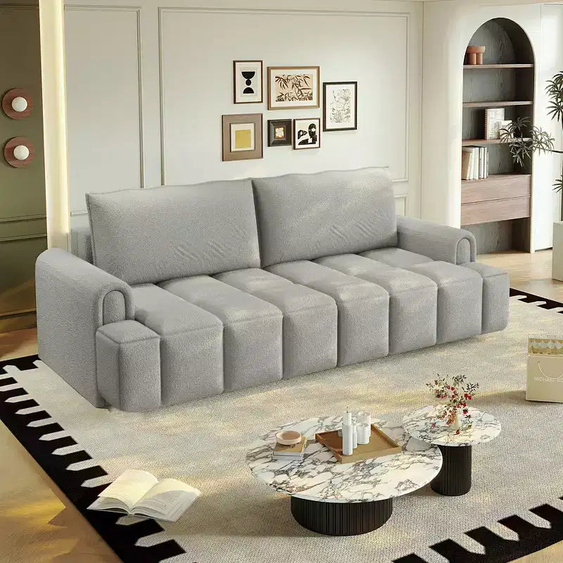Canapé moderne et confortable 4 places Whisen 90.2 en tissu Teddy, grand lit-canapé convertible 3 en 1 avec rangements sous les assises