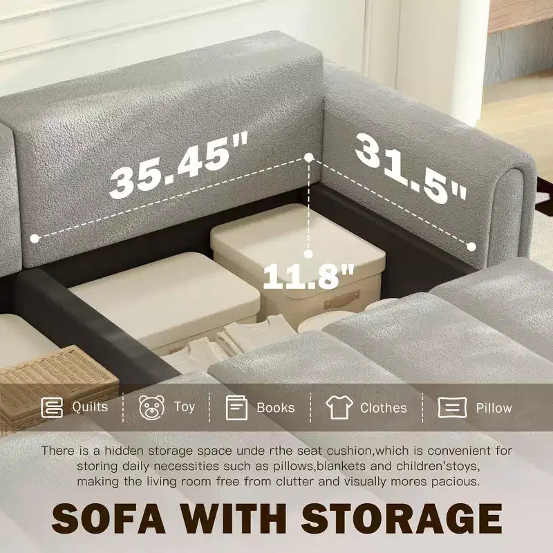Canapé moderne et confortable 4 places Whisen 90.2 en tissu Teddy, grand lit-canapé convertible 3 en 1 avec rangements sous les assises