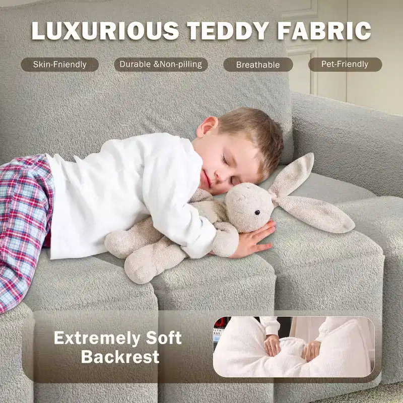 Canapé moderne et confortable 4 places Whisen 90.2 en tissu Teddy, grand lit-canapé convertible 3 en 1 avec rangements sous les assises