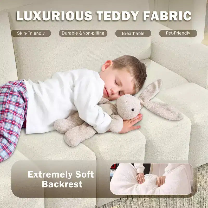 Divano moderno a 4 posti in tessuto Teddy Whisen 90.2, divano letto king size 3 in 1 convertibile con contenitore sotto i sedili