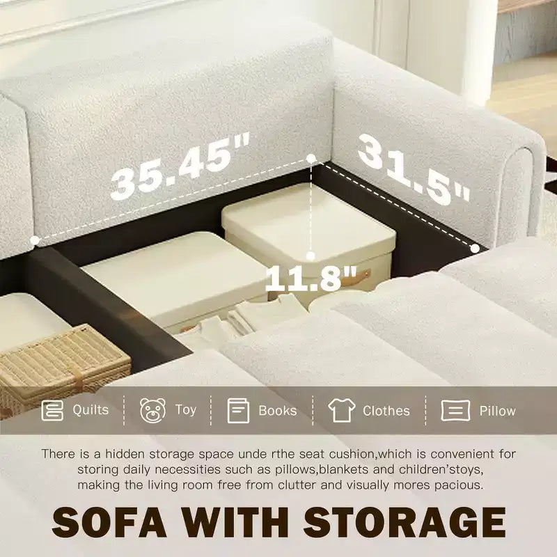 Canapé moderne et confortable 4 places Whisen 90.2 en tissu Teddy, grand lit-canapé convertible 3 en 1 avec rangements sous les assises