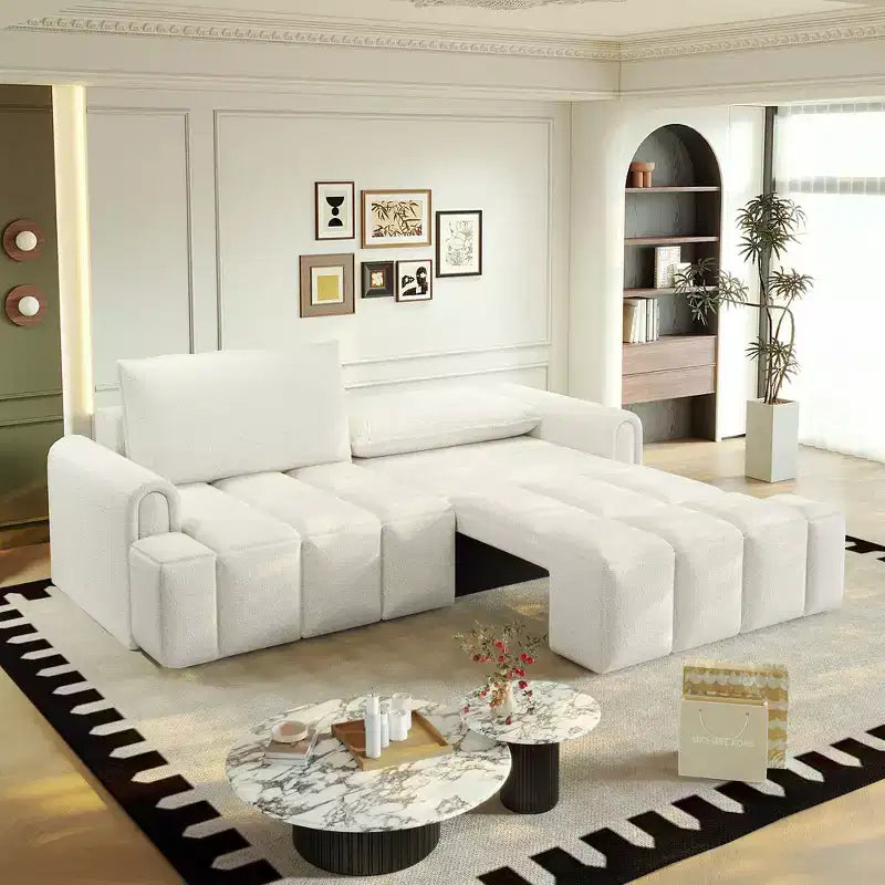 Whisen 90.2 4-Seater Modern Comfy Teddy Fabric Couch, King Size 3-in-1 Convertible Sleeper Sofa Bed with Seats Storage