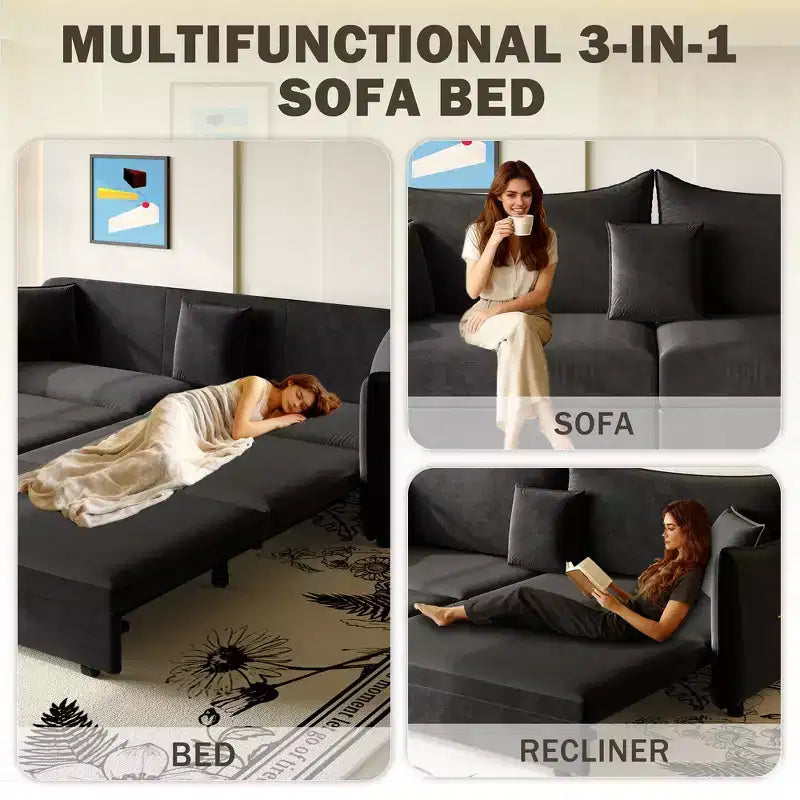 Divano a 3 Posti Whisen 81.9 Moderno in Velluto, Divano Letto Estraibile King Size, Divano Letto Convertibile 3-in-1 con 3 Cuscini