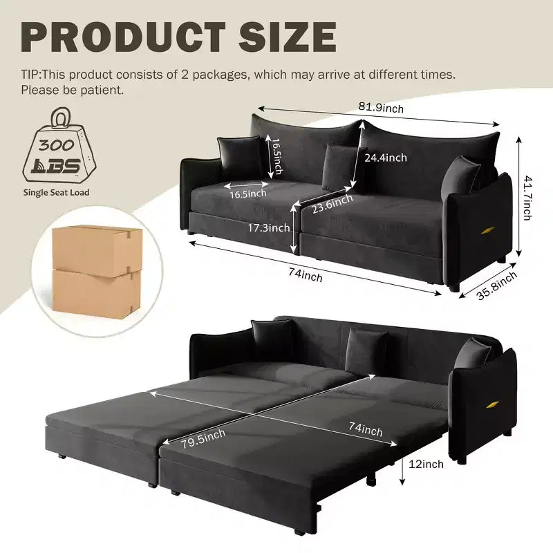 Divano a 3 Posti Whisen 81.9 Moderno in Velluto, Divano Letto Estraibile King Size, Divano Letto Convertibile 3-in-1 con 3 Cuscini