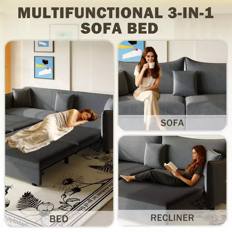 Divano a 3 Posti Whisen 81.9 Moderno in Velluto, Divano Letto Estraibile King Size, Divano Letto Convertibile 3-in-1 con 3 Cuscini