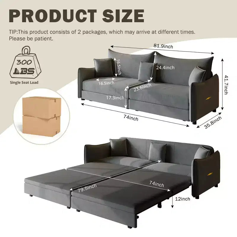 Divano a 3 Posti Whisen 81.9 Moderno in Velluto, Divano Letto Estraibile King Size, Divano Letto Convertibile 3-in-1 con 3 Cuscini