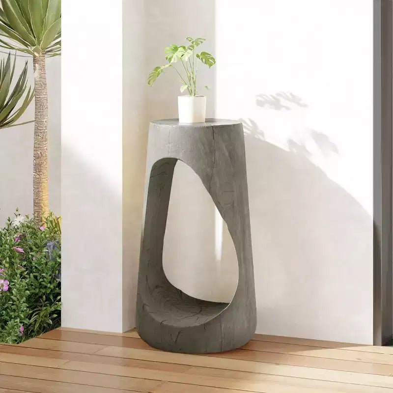 TUYOHW Table d'appoint en béton pour terrasse, design creux, aspect bois, pour jardin, piscine et balcon