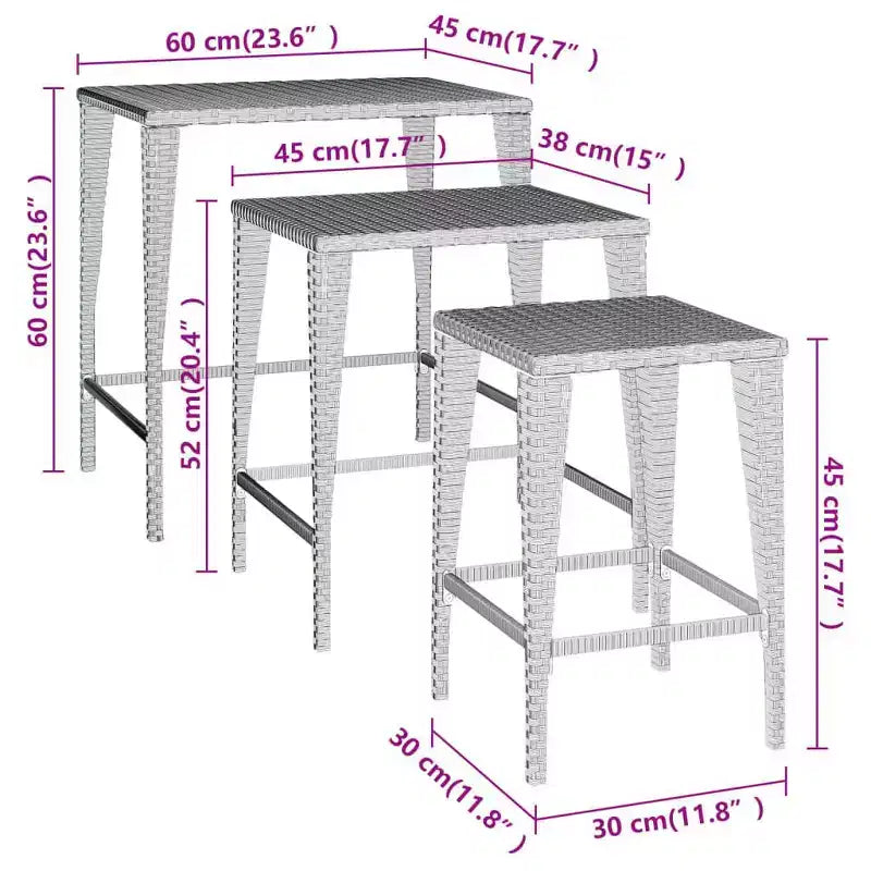 vidaXL Tavolini a incastro Tavolini da salotto set da 3 Polyrattan