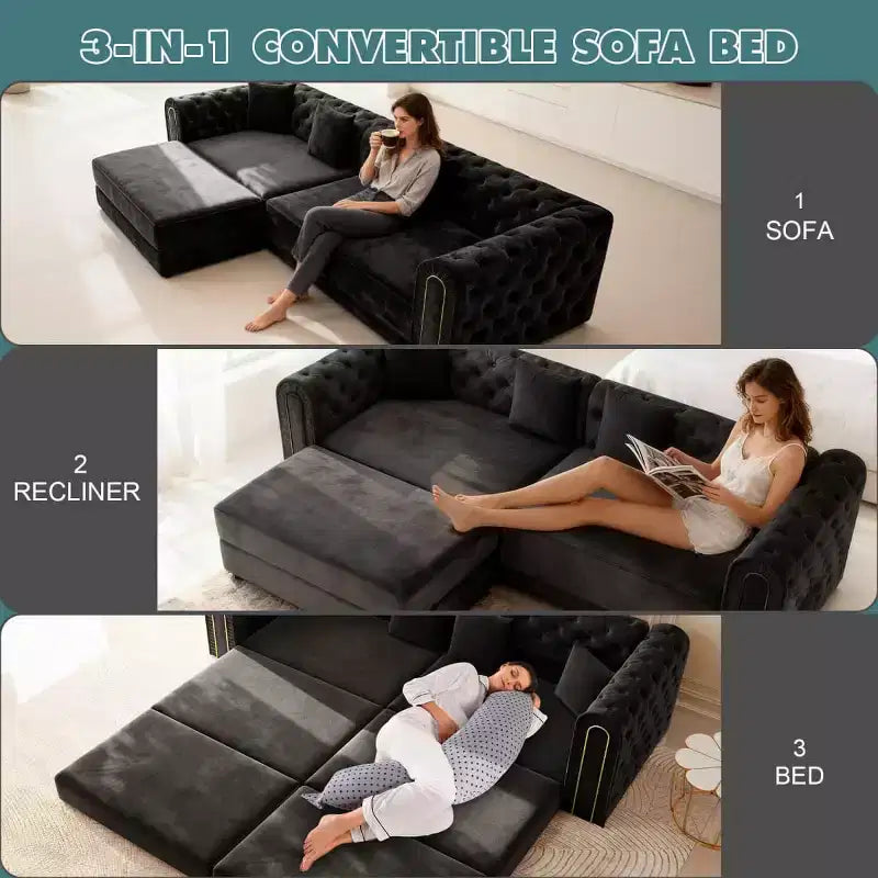 Canapé-Lit Convertible Moderne 3 en 1 avec Ottomane et Oreillers, Canapé Inclinable en Velours pour Salon, Chambre d'amis ou Salle de Détente - Panipeachy