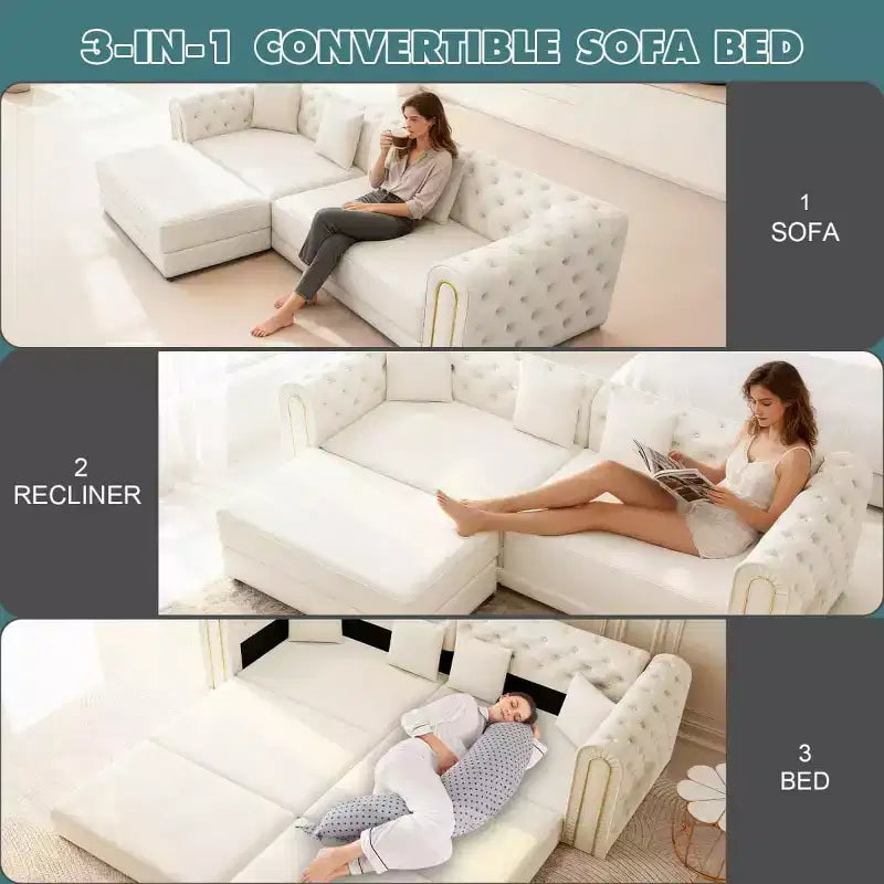 Canapé-Lit Convertible Moderne 3 en 1 avec Ottomane et Oreillers, Canapé Inclinable en Velours pour Salon, Chambre d'amis ou Salle de Détente - Panipeachy