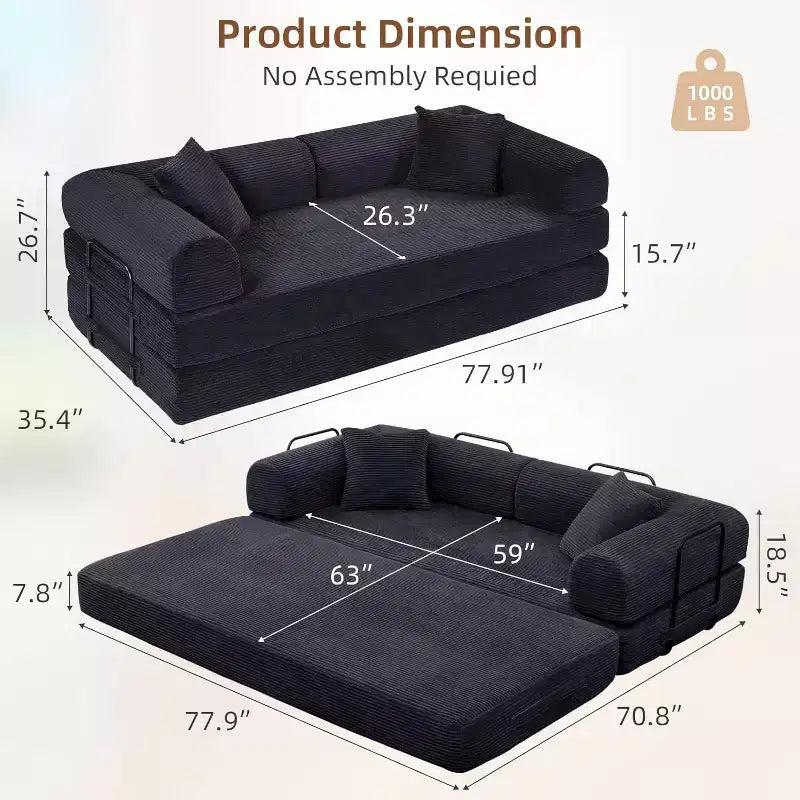MooxvMoo Divano Letto Convertibile 4-in-1 Queen Size, Futon Pieghevole in Velluto a Coste con Telaio Fisso e Cuscino, per Soggiorno, Camera da Letto, Appartamento