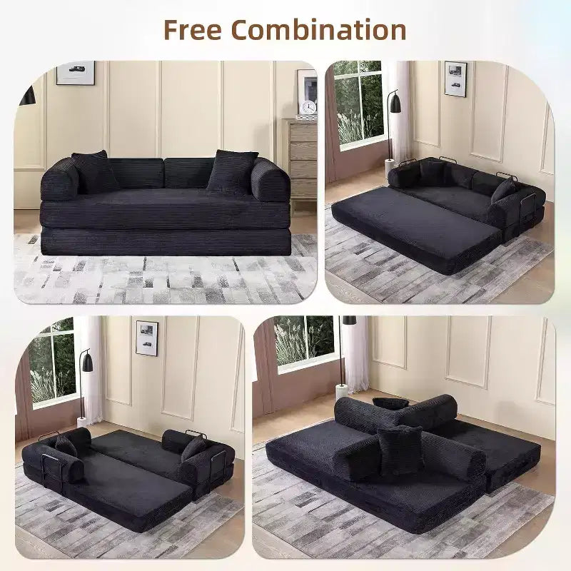 MooxvMoo Divano Letto Convertibile 4-in-1 Queen Size, Futon Pieghevole in Velluto a Coste con Telaio Fisso e Cuscino, per Soggiorno, Camera da Letto, Appartamento