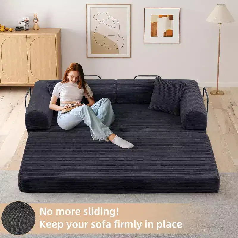 MooxvMoo Divano Letto Convertibile 4-in-1 Queen Size, Futon Pieghevole in Velluto a Coste con Telaio Fisso e Cuscino, per Soggiorno, Camera da Letto, Appartamento