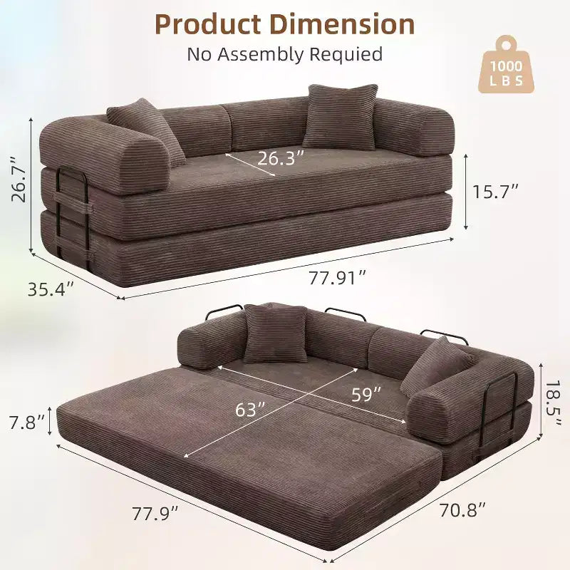 MooxvMoo Divano Letto Convertibile 4-in-1 Queen Size, Futon Pieghevole in Velluto a Coste con Telaio Fisso e Cuscino, per Soggiorno, Camera da Letto, Appartamento