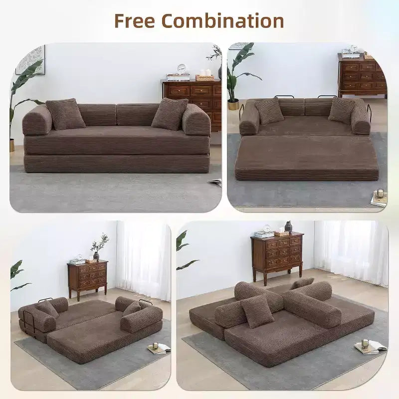 MooxvMoo Divano Letto Convertibile 4-in-1 Queen Size, Futon Pieghevole in Velluto a Coste con Telaio Fisso e Cuscino, per Soggiorno, Camera da Letto, Appartamento