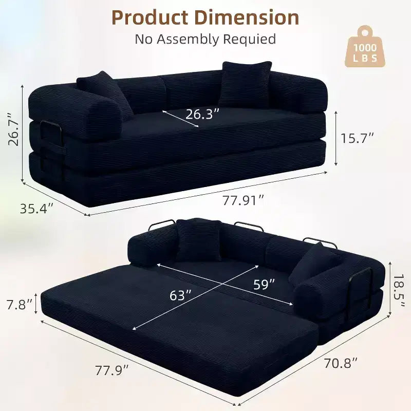 MooxvMoo Divano Letto Convertibile 4-in-1 Queen Size, Futon Pieghevole in Velluto a Coste con Telaio Fisso e Cuscino, per Soggiorno, Camera da Letto, Appartamento