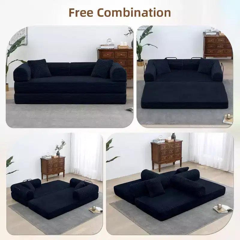 MooxvMoo Divano Letto Convertibile 4-in-1 Queen Size, Futon Pieghevole in Velluto a Coste con Telaio Fisso e Cuscino, per Soggiorno, Camera da Letto, Appartamento