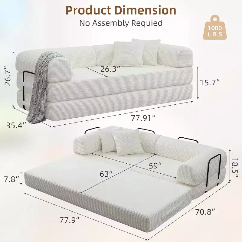 MooxvMoo Divano Letto Convertibile 4-in-1 Queen Size, Futon Pieghevole in Velluto a Coste con Telaio Fisso e Cuscino, per Soggiorno, Camera da Letto, Appartamento