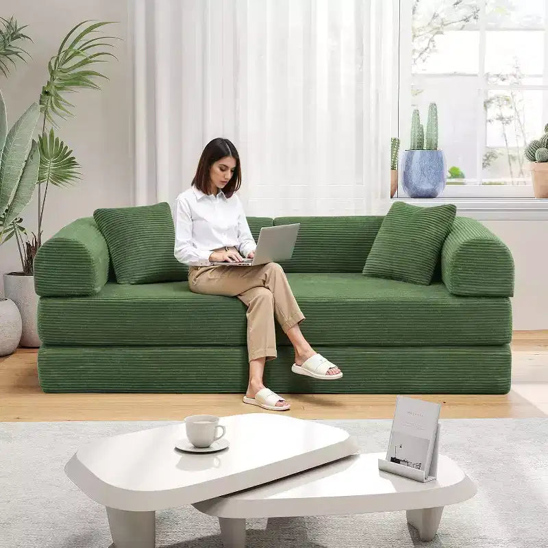 MooxvMoo Divano Letto Convertibile 4-in-1 Queen Size, Futon Pieghevole in Velluto a Coste con Telaio Fisso e Cuscino, per Soggiorno, Camera da Letto, Appartamento