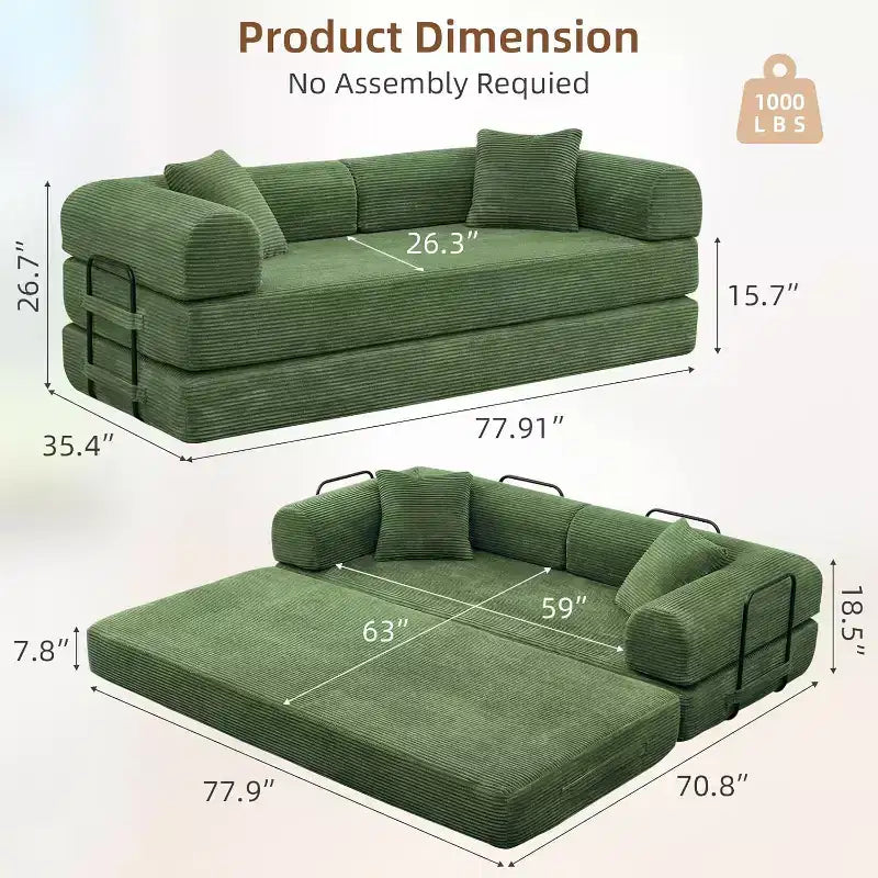 MooxvMoo Divano Letto Convertibile 4-in-1 Queen Size, Futon Pieghevole in Velluto a Coste con Telaio Fisso e Cuscino, per Soggiorno, Camera da Letto, Appartamento