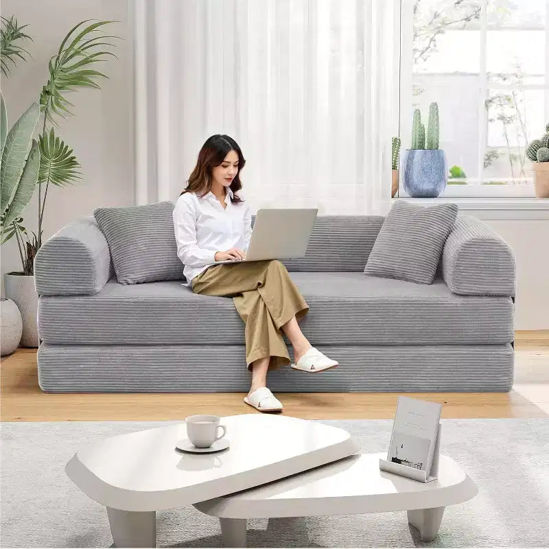 MooxvMoo Divano Letto Convertibile 4-in-1 Queen Size, Futon Pieghevole in Velluto a Coste con Telaio Fisso e Cuscino, per Soggiorno, Camera da Letto, Appartamento