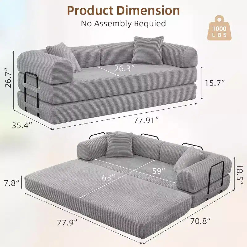 MooxvMoo Divano Letto Convertibile 4-in-1 Queen Size, Futon Pieghevole in Velluto a Coste con Telaio Fisso e Cuscino, per Soggiorno, Camera da Letto, Appartamento
