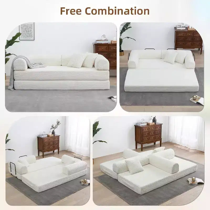 MooxvMoo Divano Letto Convertibile 4-in-1 Queen Size, Futon Pieghevole in Velluto a Coste con Telaio Fisso e Cuscino, per Soggiorno, Camera da Letto, Appartamento