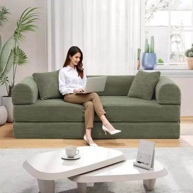 MooxvMoo Divano Letto Convertibile 4-in-1 Queen Size, Futon Pieghevole in Velluto a Coste con Telaio Fisso e Cuscino, per Soggiorno, Camera da Letto, Appartamento