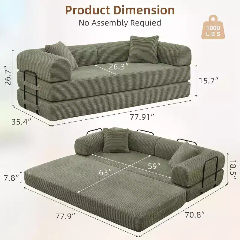 MooxvMoo Divano Letto Convertibile 4-in-1 Queen Size, Futon Pieghevole in Velluto a Coste con Telaio Fisso e Cuscino, per Soggiorno, Camera da Letto, Appartamento
