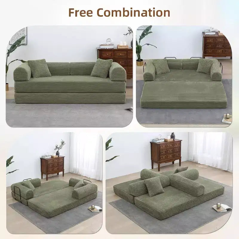 MooxvMoo Divano Letto Convertibile 4-in-1 Queen Size, Futon Pieghevole in Velluto a Coste con Telaio Fisso e Cuscino, per Soggiorno, Camera da Letto, Appartamento