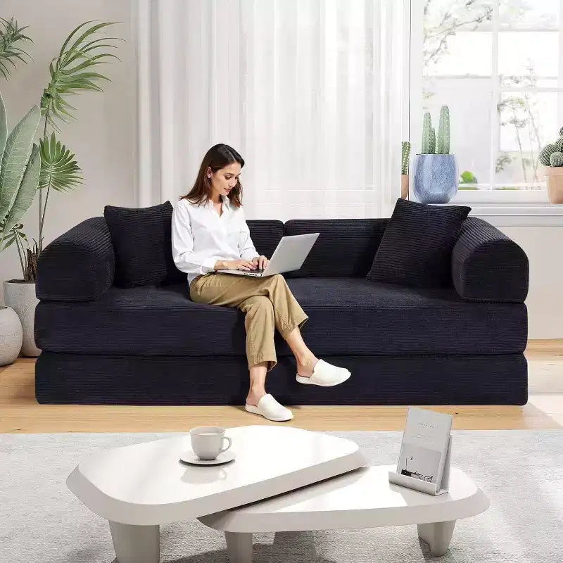 MooxvMoo Divano Letto Convertibile 4-in-1 Queen Size, Futon Pieghevole in Velluto a Coste con Telaio Fisso e Cuscino, per Soggiorno, Camera da Letto, Appartamento