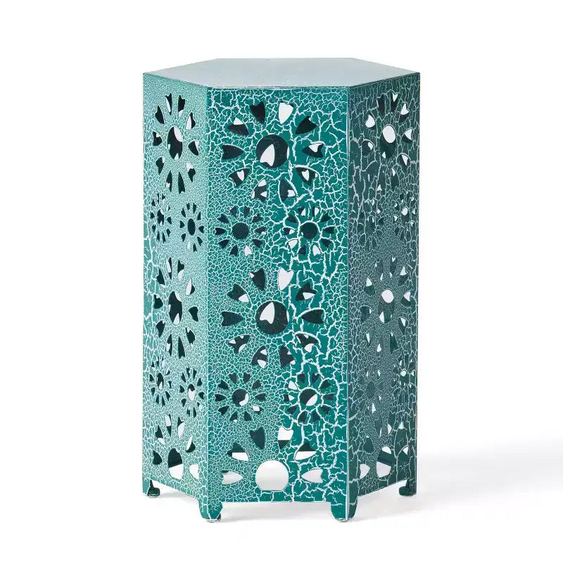 TUYOHW Table d'appoint d'extérieur hexagonale avec motif ajouré en dégradé, petite table de patio avec motif soleil pour jardin, balcon, porche