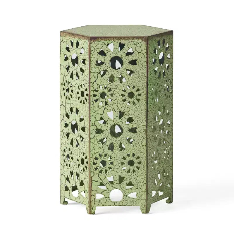 TUYOHW Table d'appoint d'extérieur hexagonale avec motif ajouré en dégradé, petite table de patio avec motif soleil pour jardin, balcon, porche