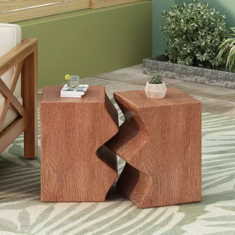 TUYOHW Set of 2 Outdoor End Table Unique Design Patio Combined Side Table with Rectangle Tabletop Versatile Table for Garden, Balcony, Porch