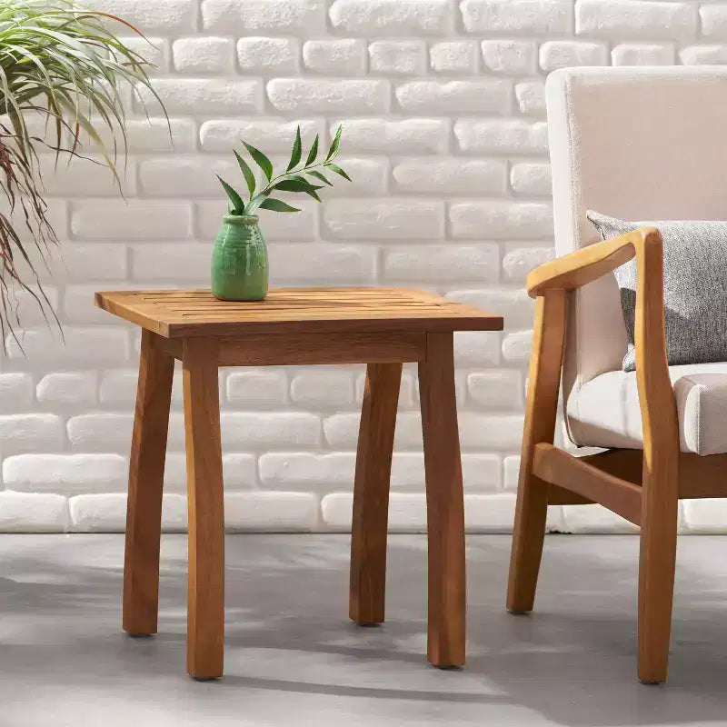 TUYOHW Table d'appoint d'extérieur en bois avec plateau à lattes, table d'appoint de patio avec pieds incurvés, petite table basse d'extérieur pour jardin, balcon, porche