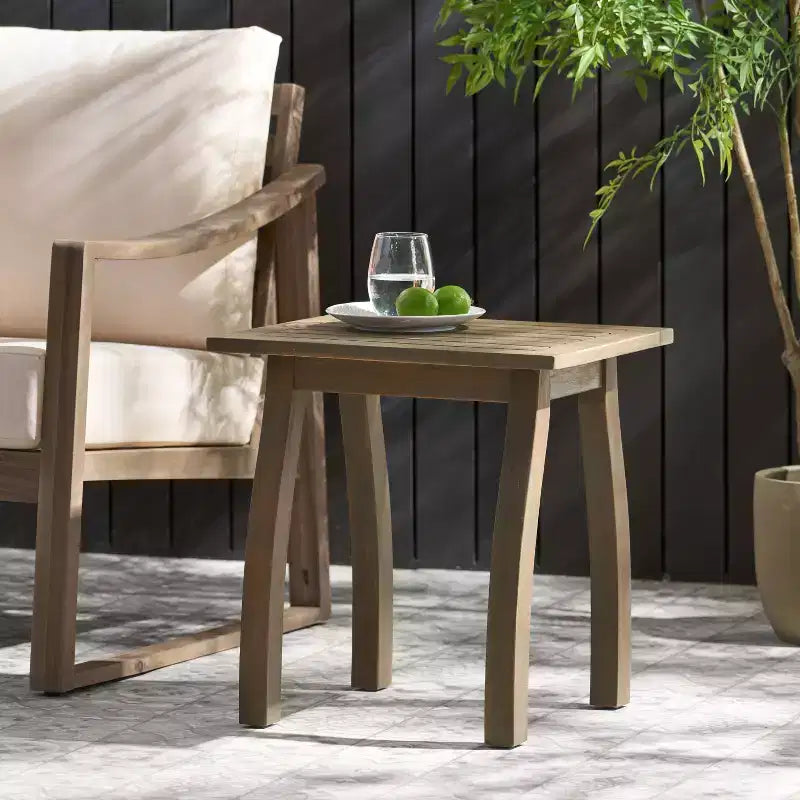 TUYOHW Wooden Outdoor End Table with Slat Desktop Patio Side Table with Curved Legs Outdoor Coffee Table Small Table for Garden, Balcony, Porch