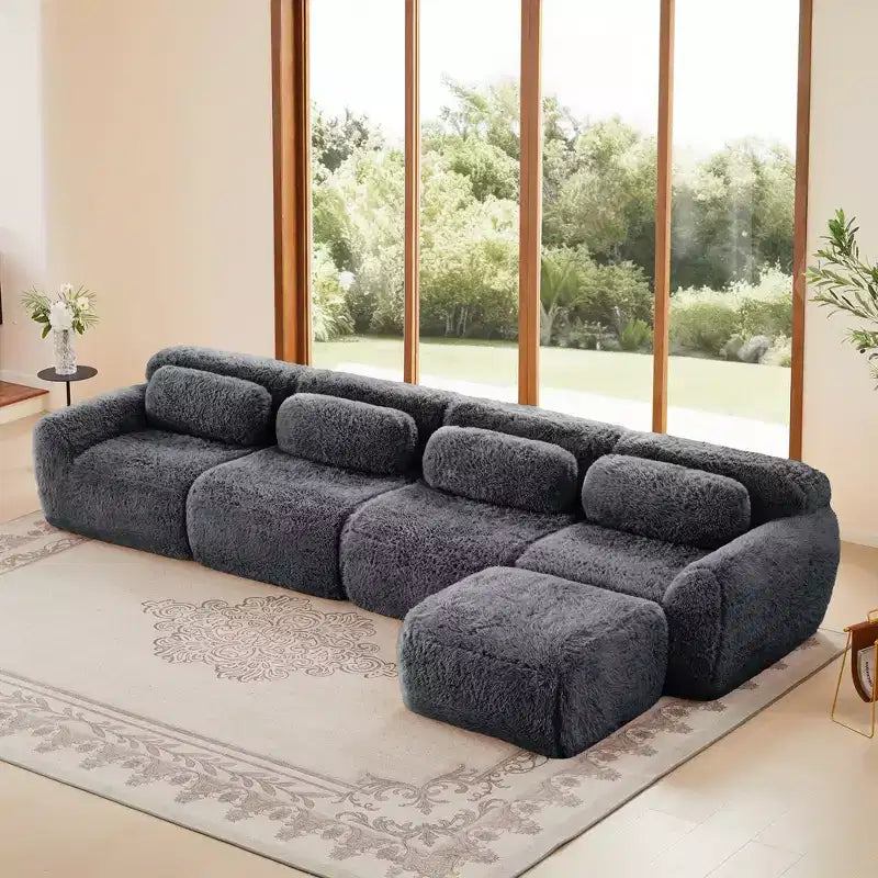 Divano modulare a L in morbido peluche, spugna ad alta densità 32D, fondo antiscivolo, combinazione libera, nessun assemblaggio, connessione a fibbia per salotti