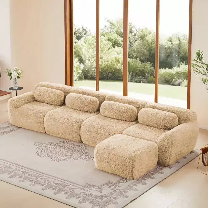 Divano modulare a L in morbido peluche, spugna ad alta densità 32D, fondo antiscivolo, combinazione libera, nessun assemblaggio, connessione a fibbia per salotti