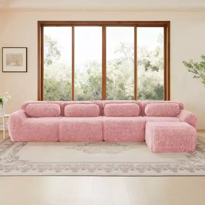 Divano modulare a L in morbido peluche, spugna ad alta densità 32D, fondo antiscivolo, combinazione libera, nessun assemblaggio, connessione a fibbia per salotti