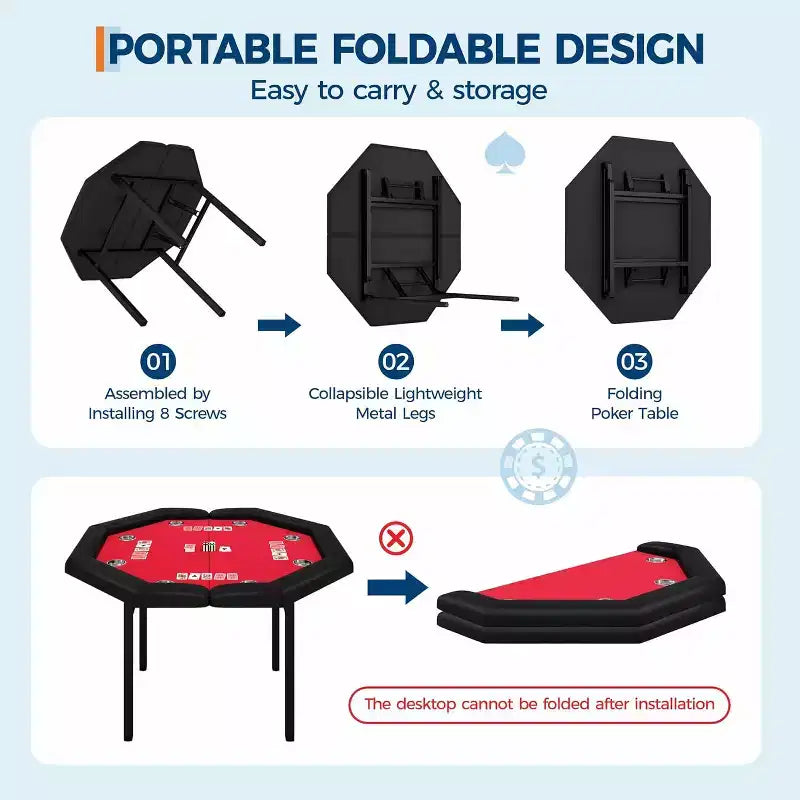 Tavolo da poker da 48 pollici, Tavolo da poker pieghevole da 8 giocatori Texas Hold'em con binari imbottiti e portabicchieri, Tavolo da gioco portatile per feste in casa e serate di gioco