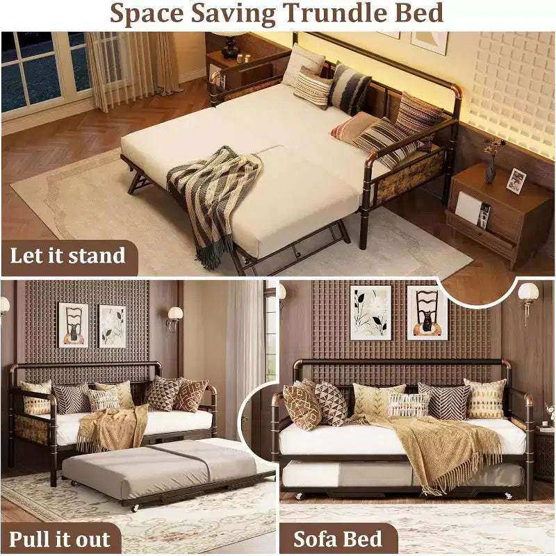 Divano Letto con Letto Estraibile, Struttura Letto Singolo con Doghe in Acciaio, Struttura Divano Letto con Robusti Supporti per Soggiorno, Camera da Letto, Marrone