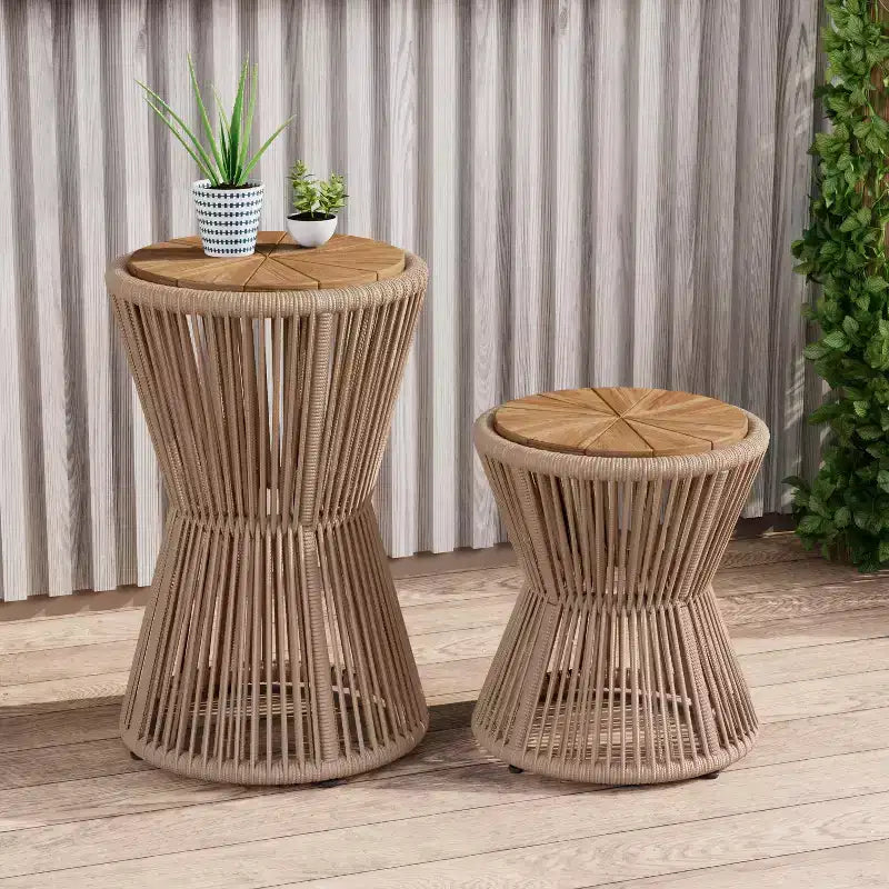Christopher Knight Home Nara Outdoor Side Table Acacia Wood & Woven Rope, Set of 2