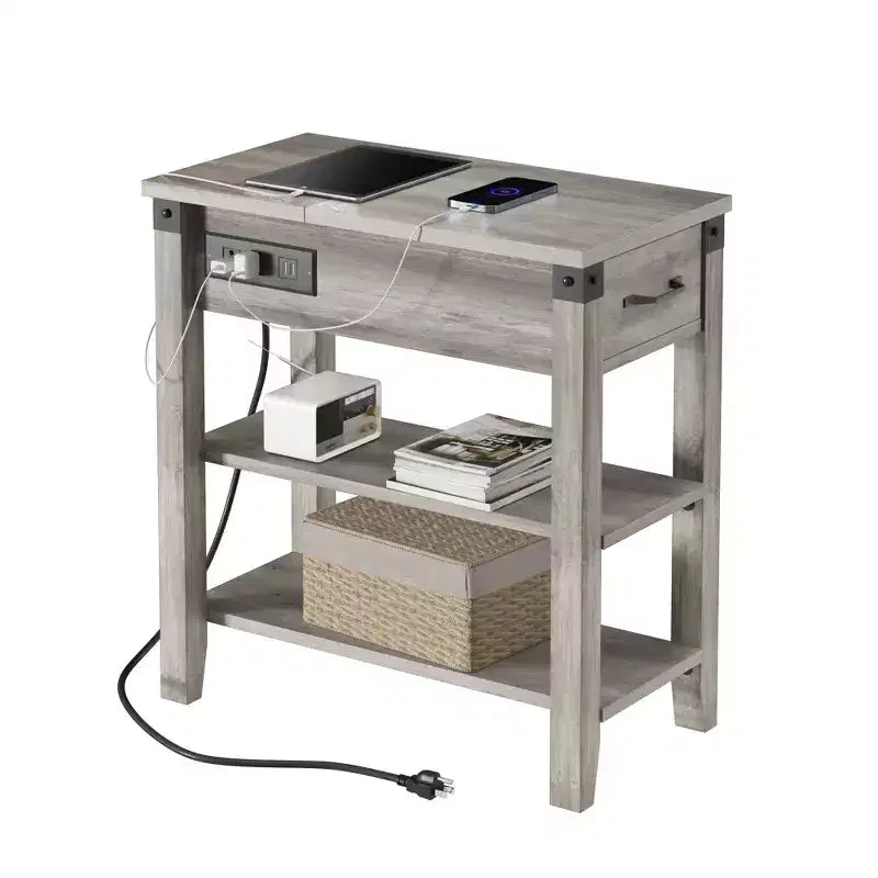 3 Tier End Table with Charging Station, Narrow Wooden Side Table with Drawer, Open Shelves, Power Outlets and Usb Ports, Gray