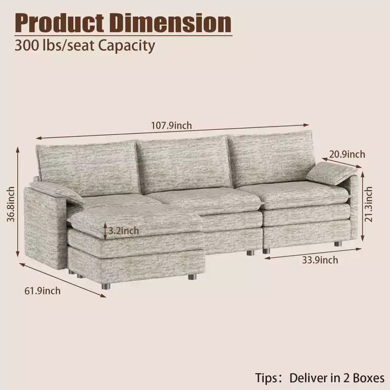 Divano componibile modulare 108 con pouf, divano moderno e confortevole in ciniglia a forma di L con seduta profonda, divano componibile extra large per appartamento